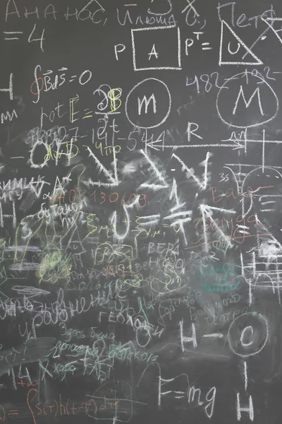 Grey school chalkboard with many different formuls, signs and co — Stock Photo, Image
