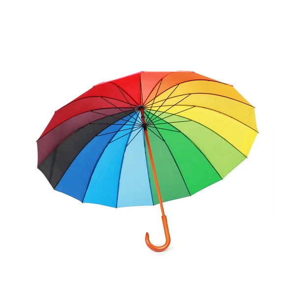 Aperto multicoloredd ombrello maniglia verso il basso isolato sul retro bianco — Foto Stock