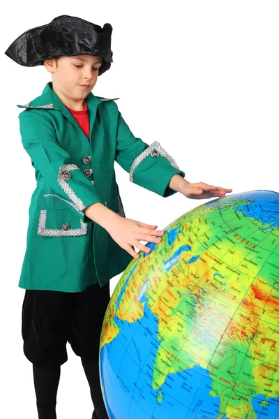 Little boy in historical dress looking at big inflatable globe i — Stock Photo, Image