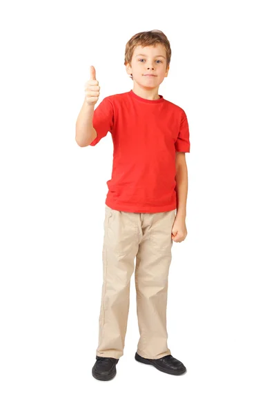 Little boy in red shirt standing on white thumbsup gesture — Stock Photo, Image
