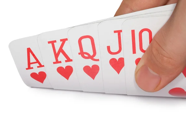 Hrací karty barvy srdcí izolovaných na bílém pozadí, — Stock fotografie