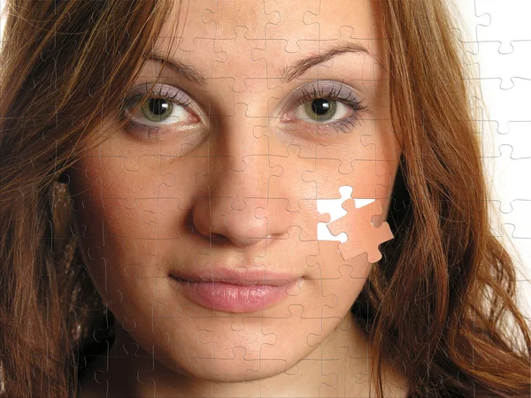 Beautiful girl on puzzle picture, collage — Stock Photo, Image