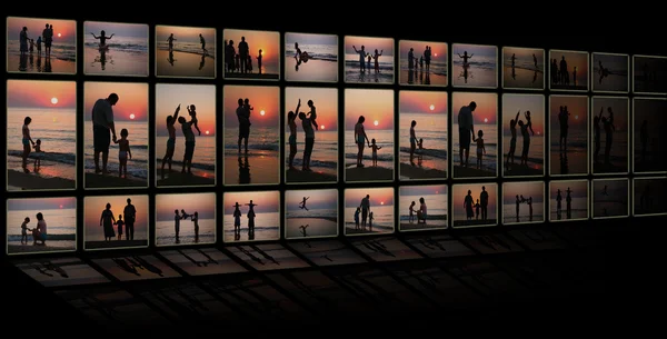 Kollázs-fekete háttér a tv-sok fotó család a bea — Stock Fotó