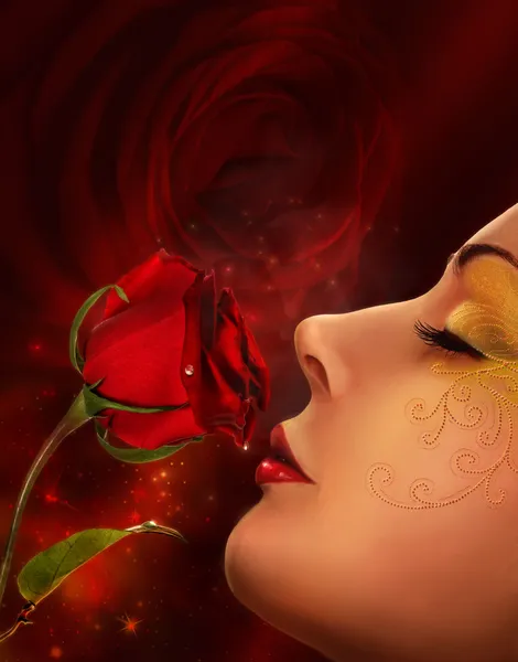 Róża i kobieta kolaż twarz — Zdjęcie stockowe