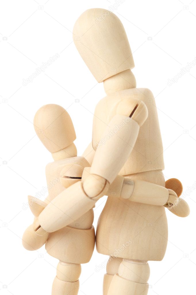 Wooden figures of parent embracing his child, half body, side vi