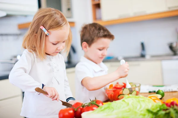 Iki küçük çocuk yapma salata — Stok fotoğraf