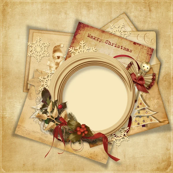 Fondo de felicitación de Navidad con tarjeta antigua y marco —  Fotos de Stock
