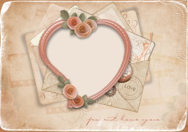 Vintage background with old postcards and heart clipart