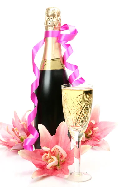 Champagne and pink lily — Stock Photo, Image