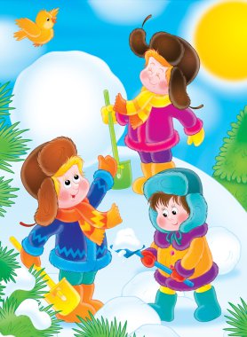 Boys play in a winter park clipart