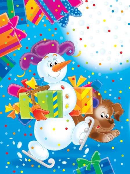 Boneco de neve e cachorro com presentes de Natal — Fotografia de Stock