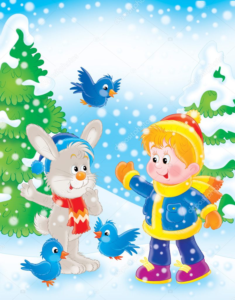 Boy, rabbit and birds in a winter forest