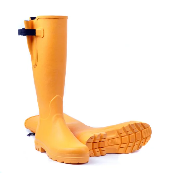 Yellow rubber boots for women on white background — Stock Photo, Image