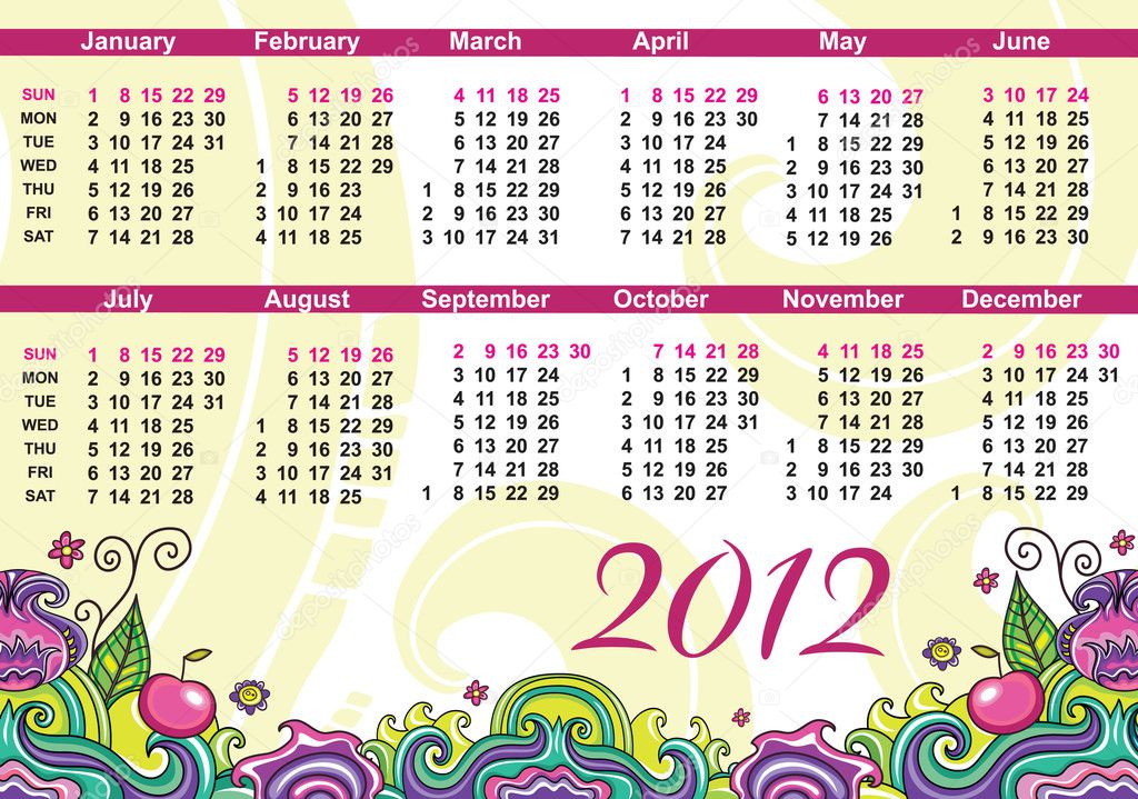 Colorful calendar for 2012
