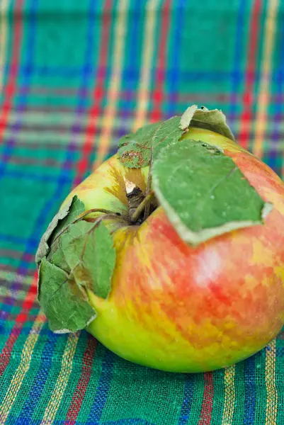 Яблоко на кухонном полотенце — стоковое фото