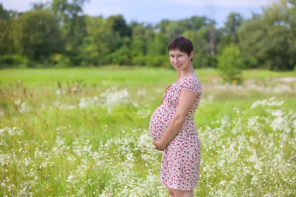 洋甘菊草地上孕妇 — 图库照片
