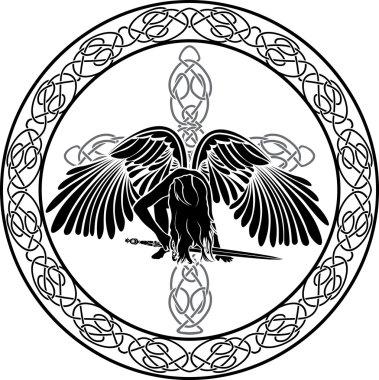 Celtic angel in ornamental circle with cross clipart