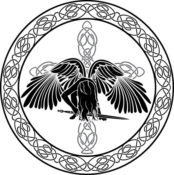 Ange celtique en cercle ornemental avec croix — Image vectorielle