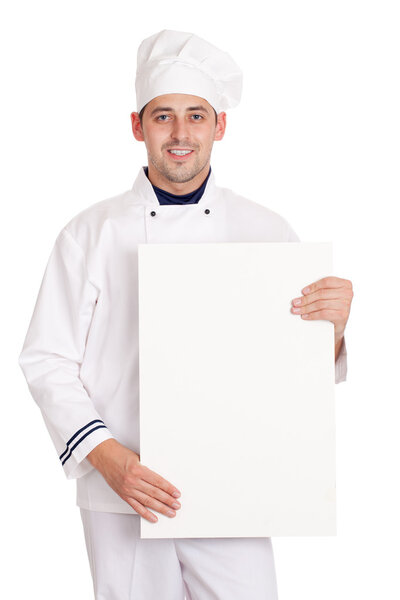 Male chef with menu.
