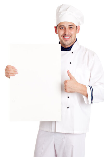 Male chef with menu.