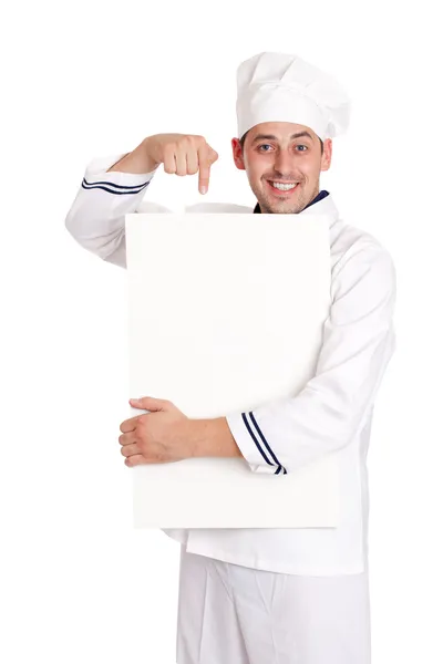 Mannelijke chef-kok met menu. — Stockfoto