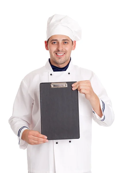 Male chef holding blank black board — Stock Photo, Image
