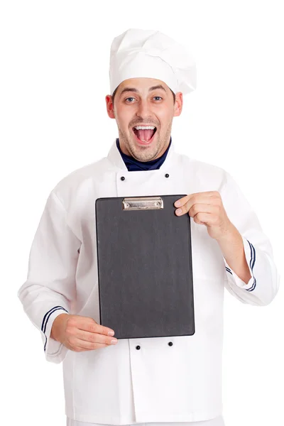 Chef masculino sosteniendo tablero negro en blanco — Foto de Stock