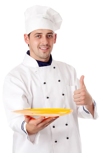 Chef segurando placa com algo — Fotografia de Stock