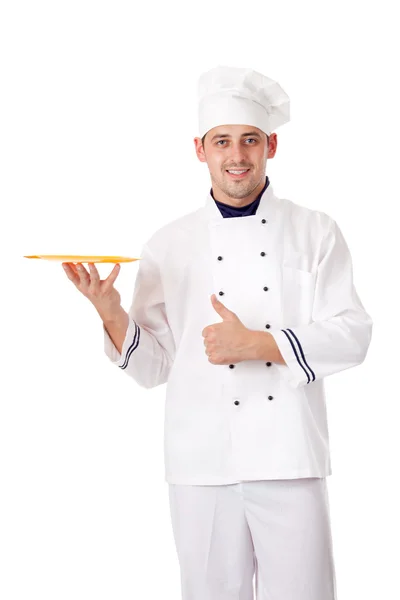 Chef sosteniendo la placa con algo — Foto de Stock
