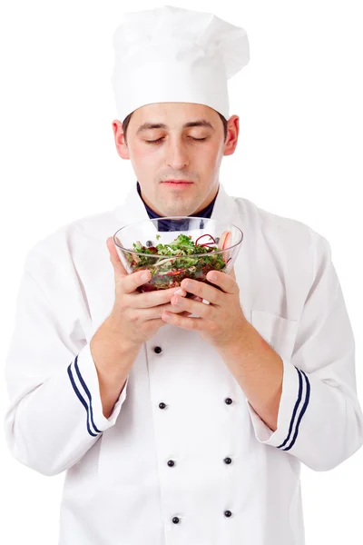 Chef-kok met salade — Stockfoto