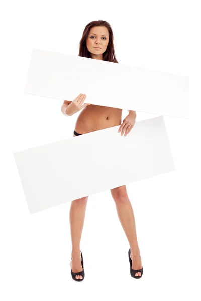 Сексуальная брюнетка с плакатом — стоковое фото