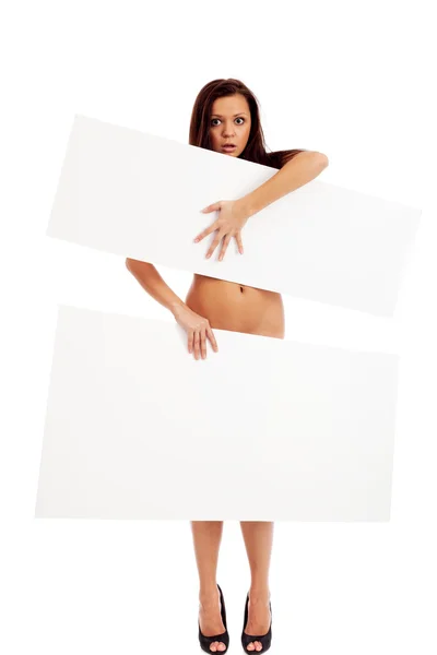 Sexy brunette with placard — Stock Photo, Image