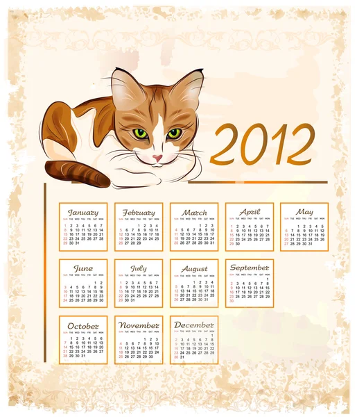 Vintage calendar 2012 with ginger tabby cat — Stock Vector