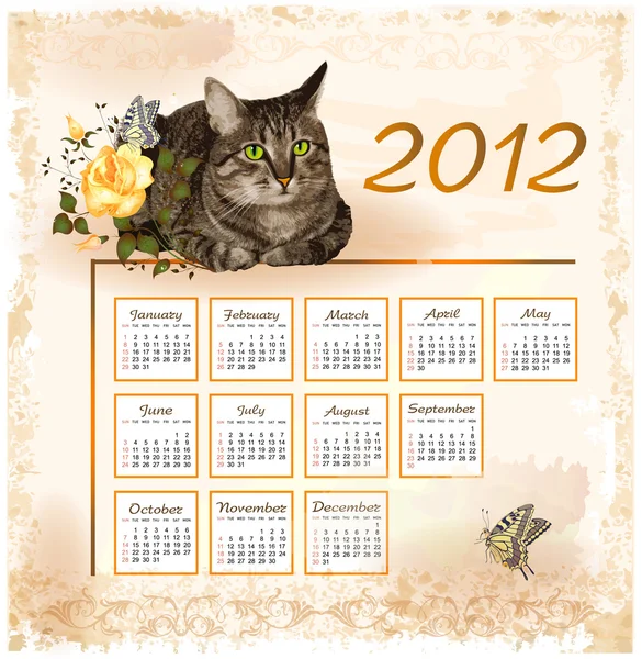 Vintage ημερολόγιο 2012 με γάτα — Διανυσματικό Αρχείο