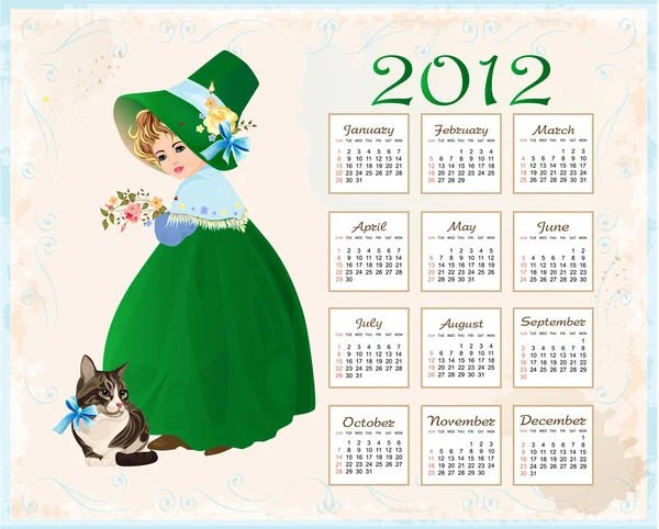 Vintage stílusú naptár 2012 macskával és lánnyal — Stock Vector