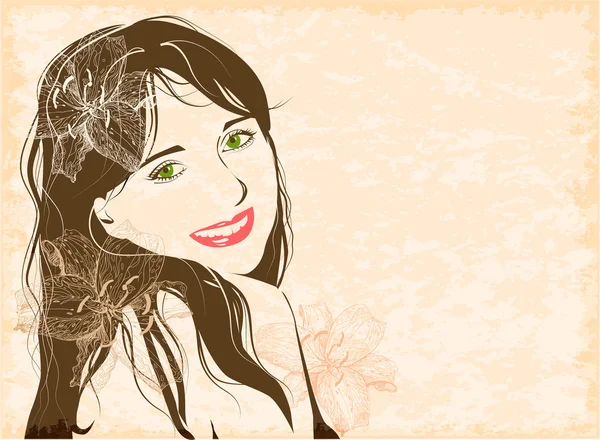 Grunge Line Art Porträt eines flirtenden jungen Mädchens mit Blumen — Stockvektor
