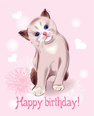 Happy birthday tebrik kartı ile pembe b küçük kedi yavrusu
