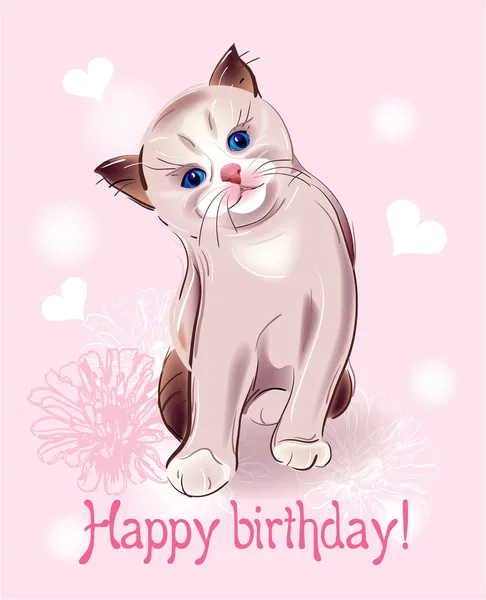 Happy birthday greeting card with little kitten on the pink b Royalty Free Stock Vectors