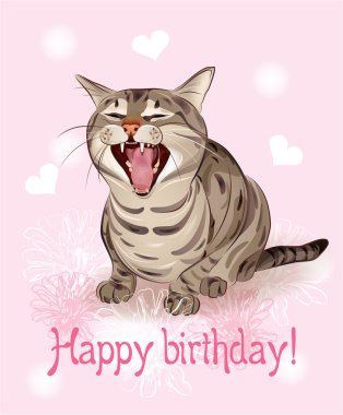 Happy birthday card. Funny cat sings greeting song. Pink backg clipart
