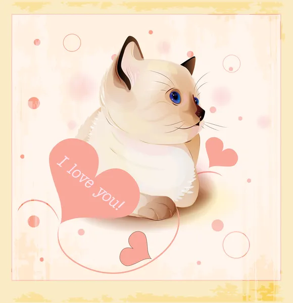 Вітальна листівка на день Святого Валентина з маленьким сиамським кошеням і чути — стоковий вектор
