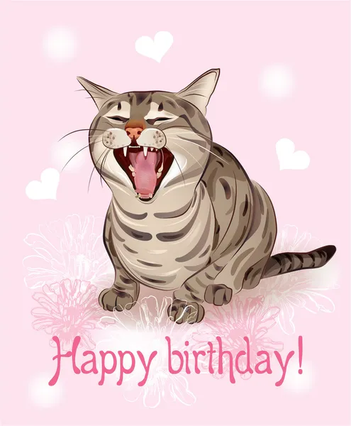 Happy birthday card. Funny cat sings greeting song. Pink backg — Stock Vector