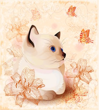 Vintage birthday card with little siamese kitten and flowers clipart