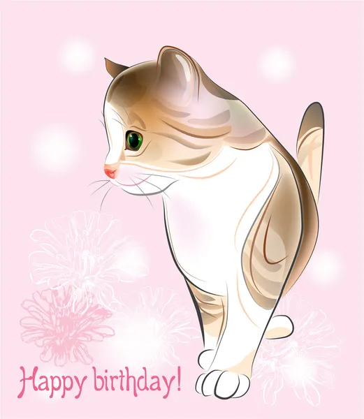 Feliz aniversário cartão de saudação com gatinho no b rosa — Vetor de Stock