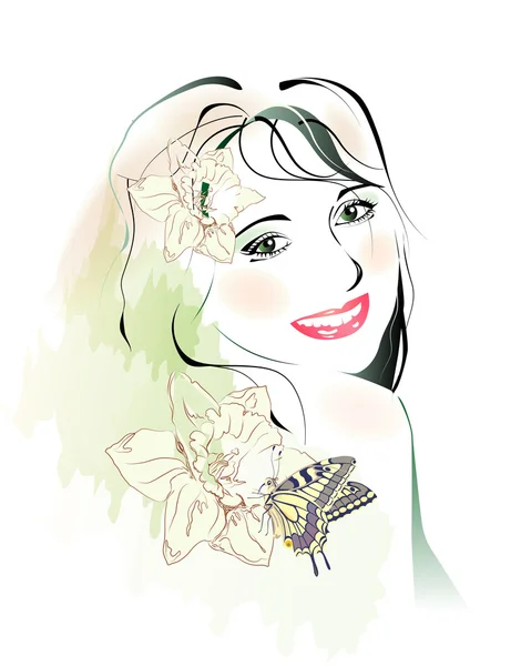 Watercolor portrait of young girl with flowers and butterfly — Stock Vector