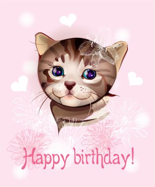 mutlu doğum günü tebrik kartı ile küçük kedi üzerinde pembe ba
