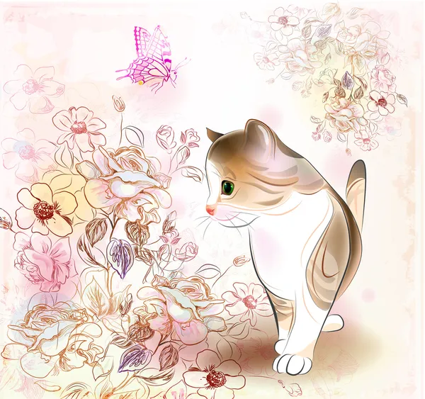 Carte de voeux d'anniversaire rétro avec petit chaton tabby, fleurs — Image vectorielle