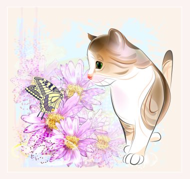 Birthday card with little tabby kitten, flowers and butterfly clipart