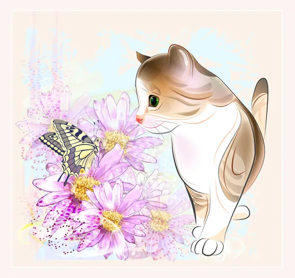 Листівка на день народження з маленьким таббі кошеням, квітами та метеликом — стоковий вектор
