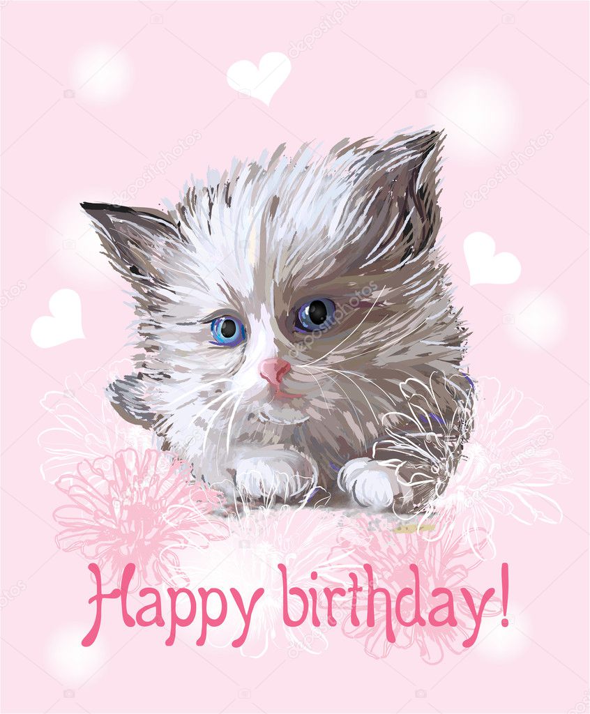 Happy birthday greeting card with fluffy little kitten on the — Stock ...