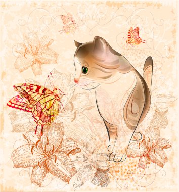 Birthday card with little kitten, flowers and butterflies clipart